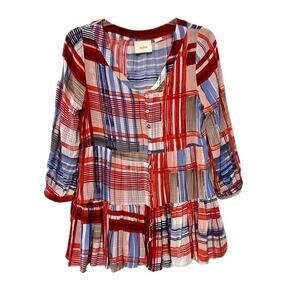 Anthropologie Maeve Lila Plaid Tiered Ruffle Tunic Small Red Blue Pockets